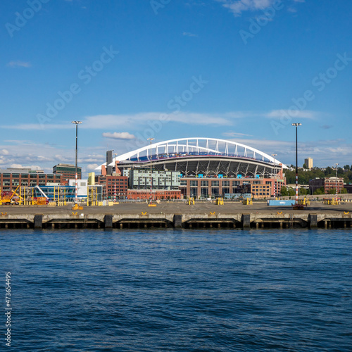 Seattle, Washington, USA - June 4 2021: Lumen field view from Elliott Bay during summer. Home of the Seattle Seahawks and Sounders FC.