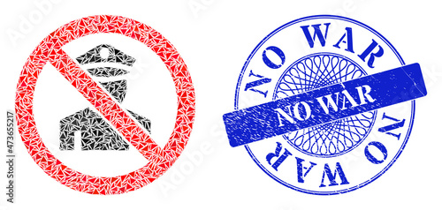 Stop policeman collage of triangle particles, and No War textured stamp. Blue stamp includes No War tag inside round shape. Vector stop policeman collage is done of randomized triangle dots.
