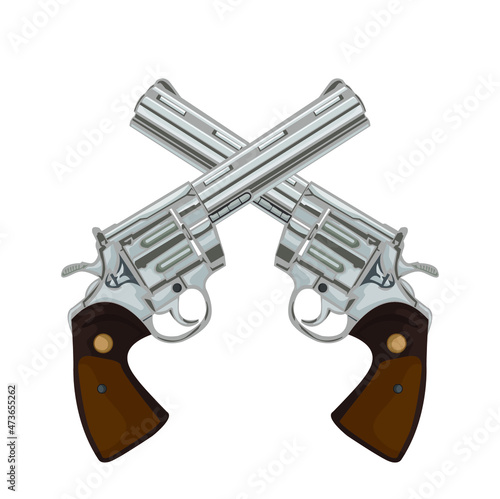 A pair of crossed pistol guns in a vintage etched engraved style, vector illustrations of retro weapons. Vector pictures set. Revolver gun and weapon pistol classic cowboy