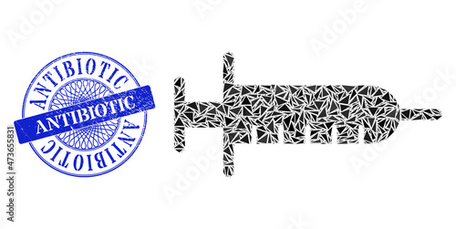 Syringe collage of triangle parts, and Antibiotic unclean seal print. Blue seal has Antibiotic caption inside circle shape. Vector syringe collage is formed with scattered triangle elements.