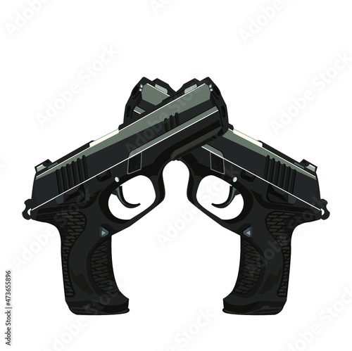 A pair of crossed pistol guns in a vintage etched engraved style, vector illustrations of retro weapons. Vector pictures set. Revolver gun