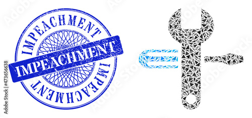 Tuning collage of triangle parts, and Impeachment unclean badge. Blue seal includes Impeachment text inside round form. Vector tuning collage is designed of random triangle parts.