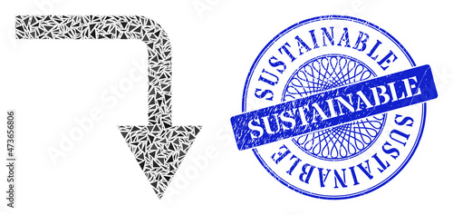 Turn down mosaic of triangle particles, and Sustainable corroded seal print. Blue stamp seal contains Sustainable text inside round form. Vector turn down mosaic is made of different triangle parts.