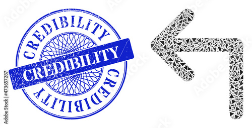 Turn left mosaic of triangle, and Credibility textured stamp seal. Blue seal contains Credibility title inside round form. Vector turn left mosaic is made of random triangle items.