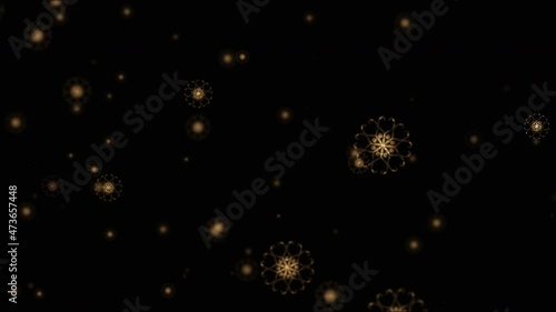4K looping falling down glow gold digital snowflake on black background animation. gold snowflakes animation with blurred bokeh for winter snow, Christmas and New year background. Snow Snowfall Snowfl photo
