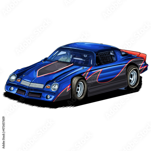 Racing speed car isolated on white background, t-shirt graphics, vectors.