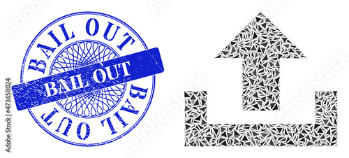 Upload collage of triangle parts, and Bail Out rubber seal print. Blue seal has Bail Out caption inside round form. Vector upload collage is constructed of random triangle items.