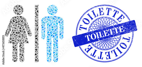 WC persons mosaic of triangle particles, and Toilette scratched stamp seal. Blue stamp seal has Toilette title inside round form. Vector WC persons mosaic is composed with scattered triangle items.