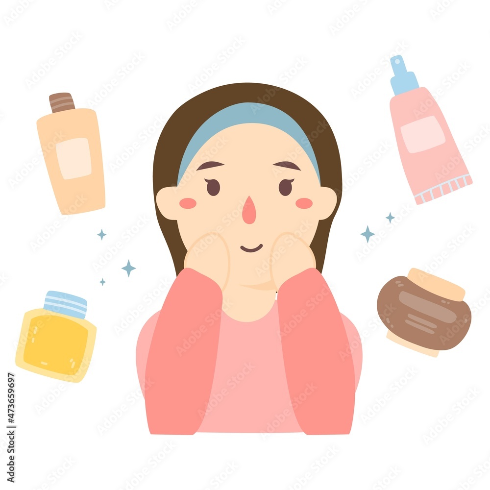 Skincare flat cartoon composition with young woman Skincare flat cartoon composition with young woman