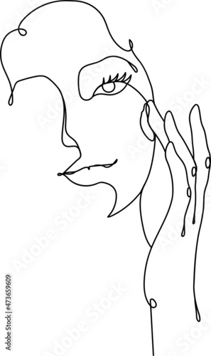 One line continuous abstract woman applying skincare facial lotion cream 