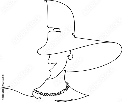One line continuous abstract woman with hat, earrings and pearl necklace jewelry
