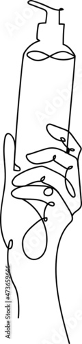One line continuous abstract hand holding skin care cream lotion pump