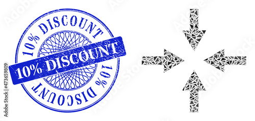 Compress arrows collage of triangle items, and 10% Discount scratched stamp seal. Blue stamp seal has 10% Discount tag inside round shape.