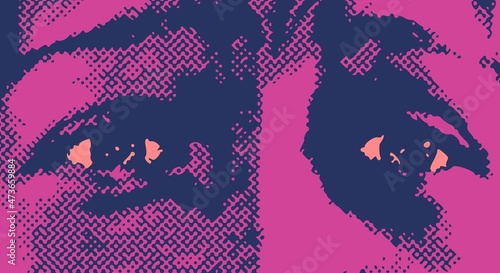 Top part of the woman face front view. Halftone style