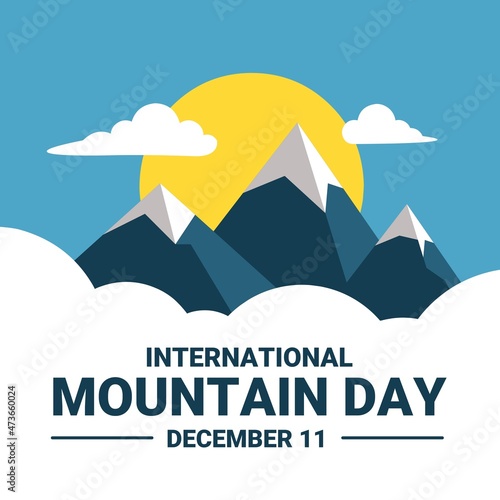 vector illustration, mountain peaks with clouds and sun, flat style, as a banner or poster for international mountain day, observed every 11 december.
