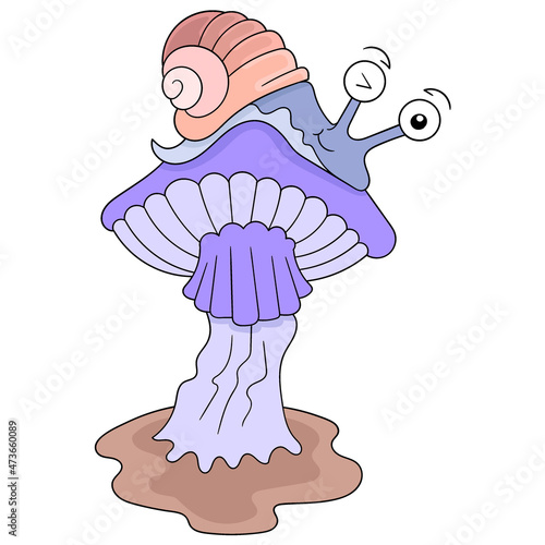 Snails are creeping on a giant mushroom, doodle icon image kawaii