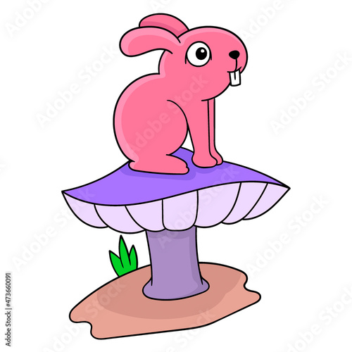 the bunny is sitting on a giant mushroom, doodle icon image kawaii