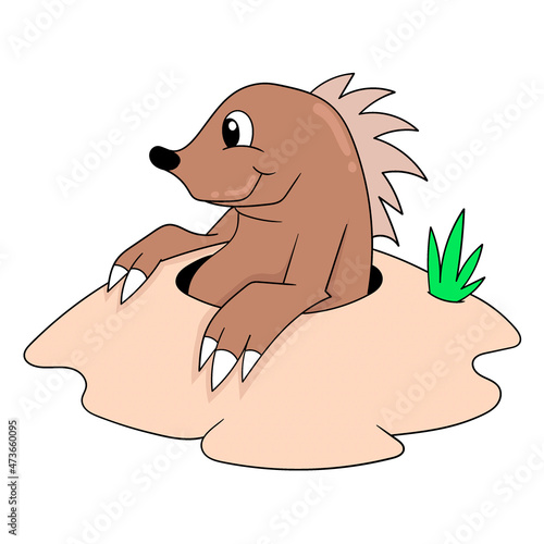 The mole is digging the ground for his house, doodle icon image kawaii