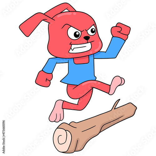 the rabbit is practicing running on a log, doodle icon image kawaii