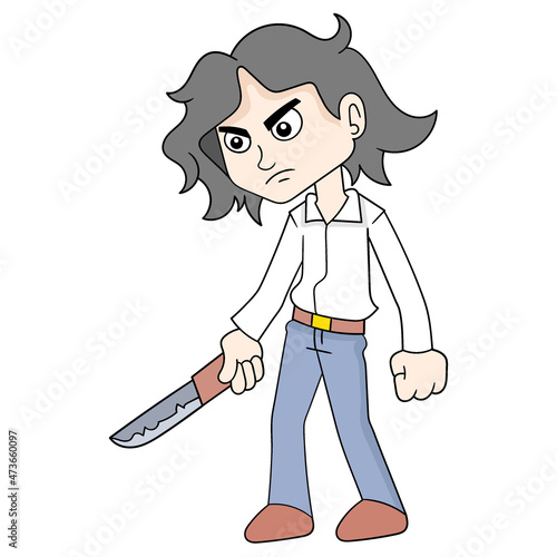 bad guy is angry with a machete, doodle icon image kawaii
