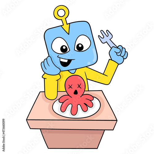 aliens are enjoying delicious octopus food, doodle icon image kawaii