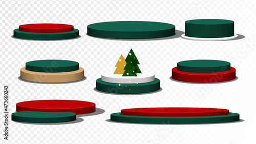 Set of Christmas circle base. Collection of podium stands isolated on transparent background. Stage empty for decorated product display. Vector illustration.