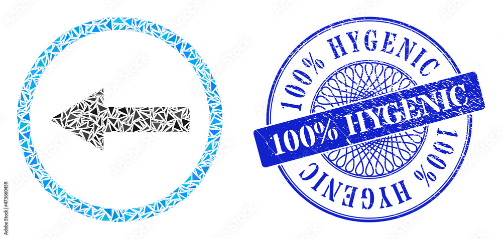 Left rounded arrow mosaic of triangle items, and 100% Hygenic textured stamp seal. Blue seal contains 100% Hygenic caption inside circle shape.