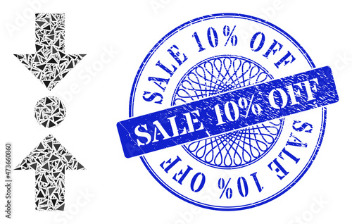 Pressure vertical collage of triangle parts, and Sale 10% Off scratched stamp seal. Blue seal includes Sale 10% Off caption inside round shape.