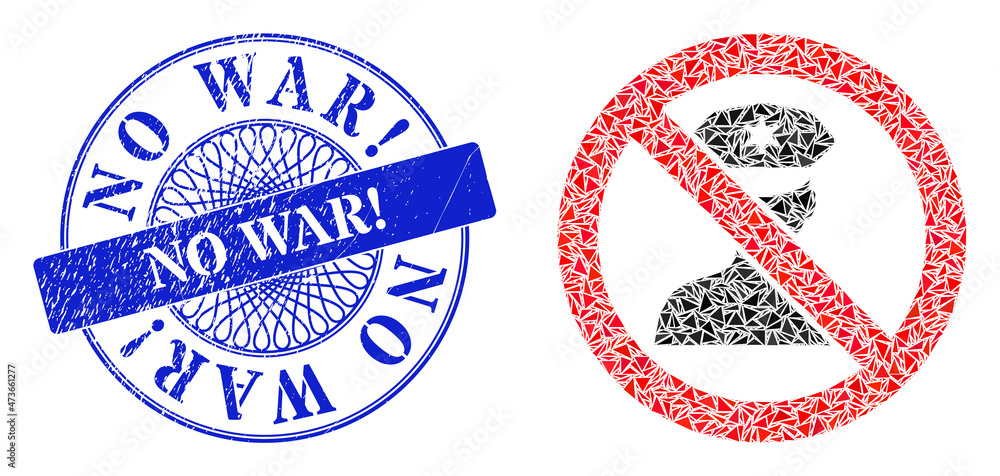 Stop policeman mosaic of triangle parts, and No War! rubber seal imitation. Blue stamp seal contains No War! text inside round form.