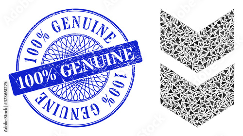 Shift down collage of triangle parts, and 100% Genuine scratched stamp seal. Blue seal has 100% Genuine tag inside circle form. Vector shift down collage is constructed from scattered triangle parts.