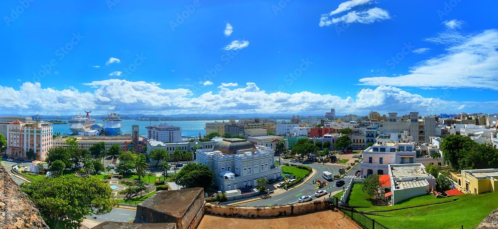 Fototapeta premium Cityscape of San Juan, Capital of Puerto Rico. Overlooking the city center and harbor. Panorama of city