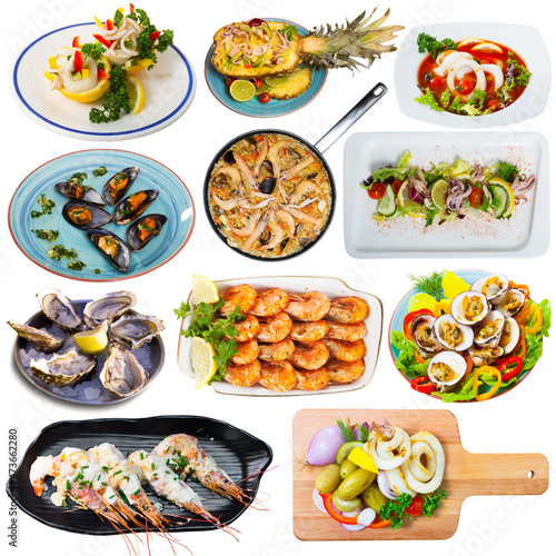 Tasty dishes with shrimps, calamari, squid and conchiglie isolated on white background....