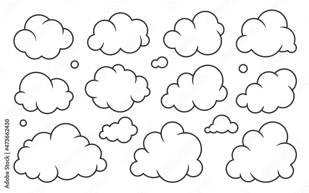 Cloud black line set. Climate weather cloudy icon. Blank form web storage meteorology database. Cartoon sign simple news dialogue banner. Fill sticker image software thin stroke isolated on white Cloud black line set. Climate weather cloudy icon. Blank form web storage meteorology database. Cartoon sign simple news dialogue banner. Fill sticker image software thin stroke isolated on white