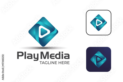 pixel play media logo design with button icon, symbol for studio music, video player multimedia gradient icon