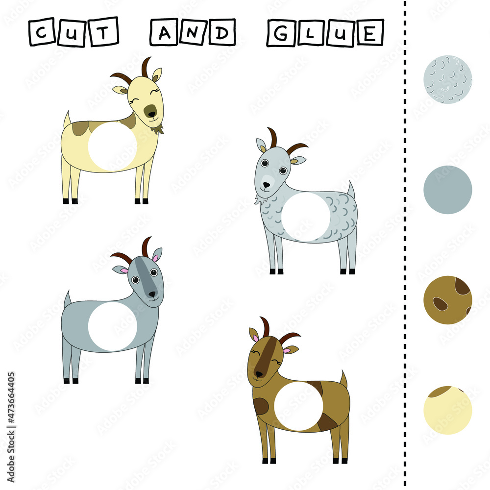 worksheet vector design, the task is to cut and glue a piece on colorful goats. Logic game for children. worksheet vector design, the task is to cut and glue a piece on colorful goats. Logic game for children.