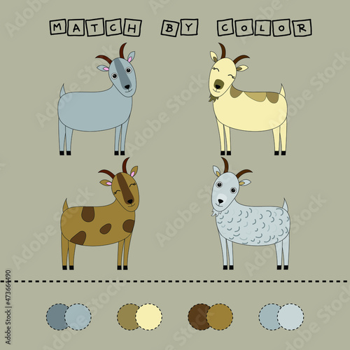 Developing activity for children - match the goat by color. Logic game for children. 