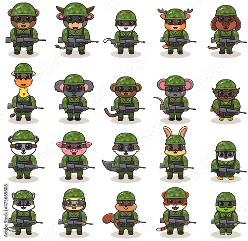 Set of Animal soldiers holding gun. Cute Animal Army cartoon. flat animal cartoon character design. Soldiers Isolated vector illustration.