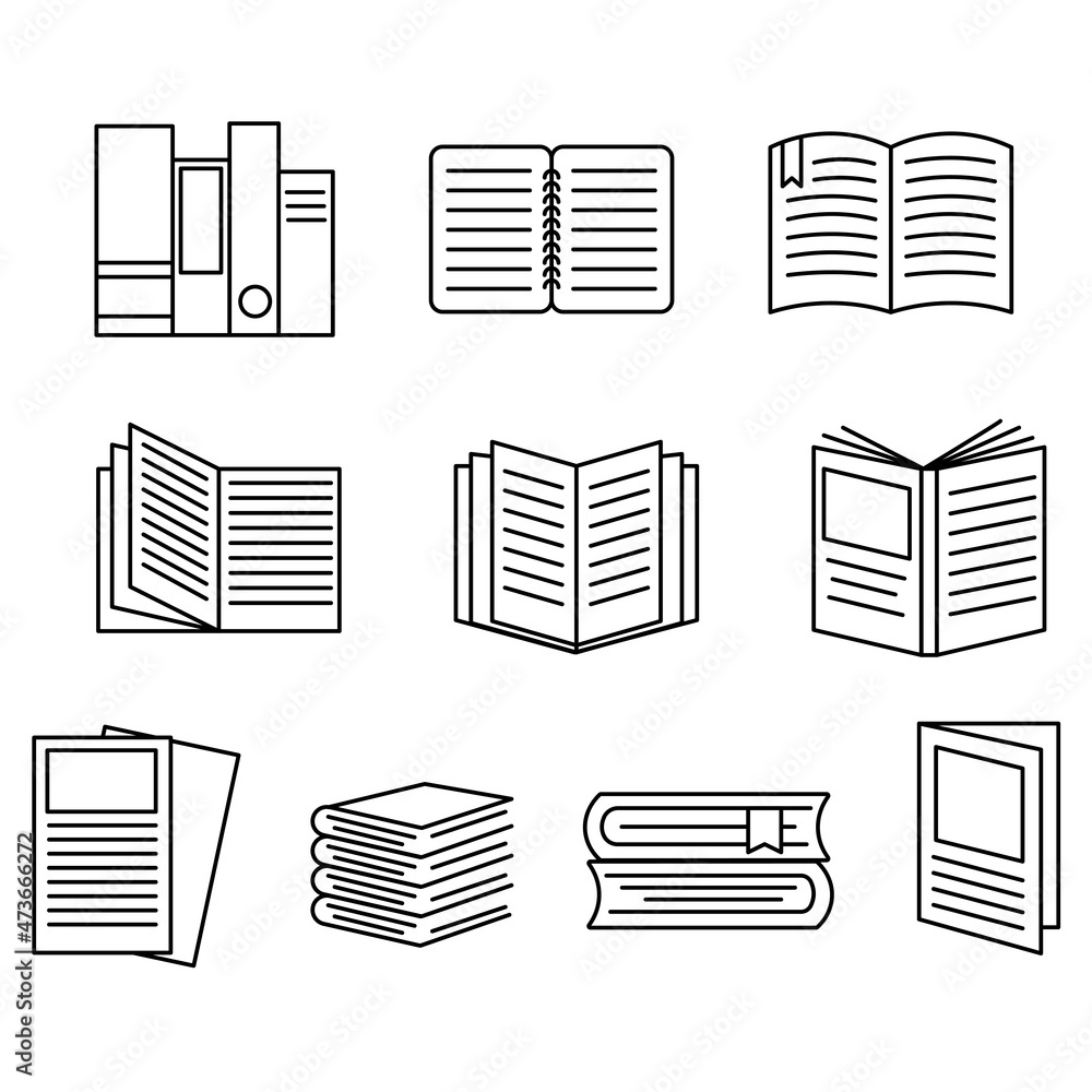 Set of line icons about equipment, book, paper, notebook. Set of line icons about equipment, book, paper, notebook.