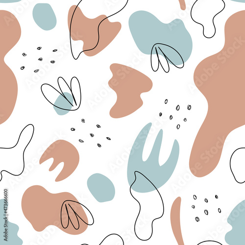 Minimalistic abstract background. Seamless pattern in trendy design. Stylized floral ornament. Contours of various shapes. Endless print on fabric and paper...Vector hand drawn illustration © Mizurova