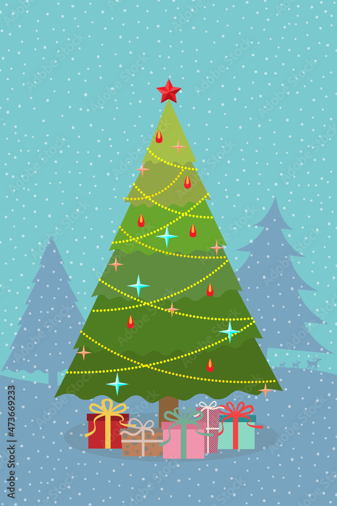 Christmas tree and presents with snow fall. Holiday background.