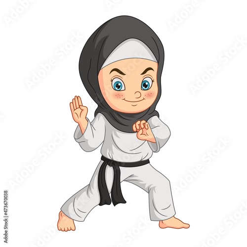 Cartoon muslim girl doing practicing karate