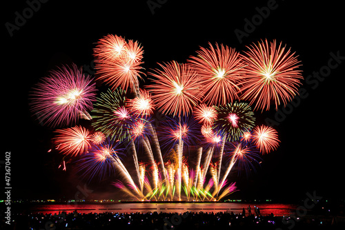 Pattaya, Chonburi, Thailand. Nov 27, 2021. Beautiful firework with multi colors of the International Firework Festival 2021 at Pattaya beach