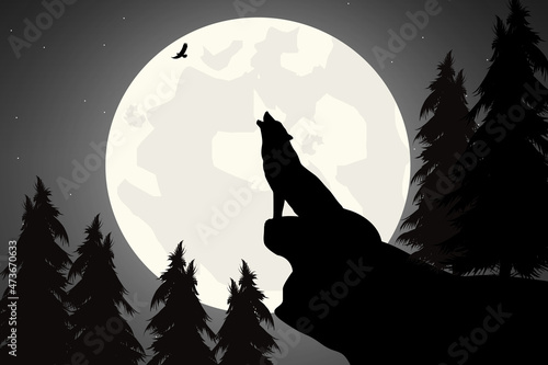 cute wolf and moon silhouette graphic