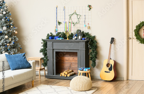 Stylish interior of room decorated for Hanukkah celebration photo