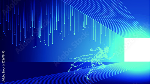 Particle man rushing to the space of the meta-universe, the concept of the Meta-universe of Internet technology.
