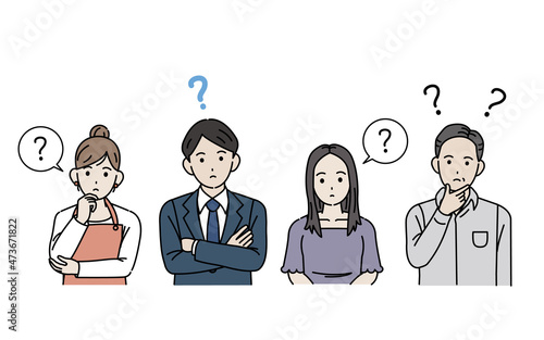 疑問　考える　？　ポーズ　仕草　表情　人々　男性　女性　男女