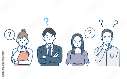 疑問　考える　？　ポーズ　仕草　表情　人々　男性　女性　男女