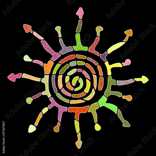 Sun symbols in ethnic style, vector design. Magic, multicolor sketch.