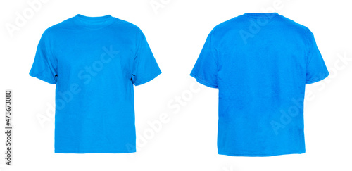 Blank T Shirt color light blue on invisible mannequin template front and back view on white background 