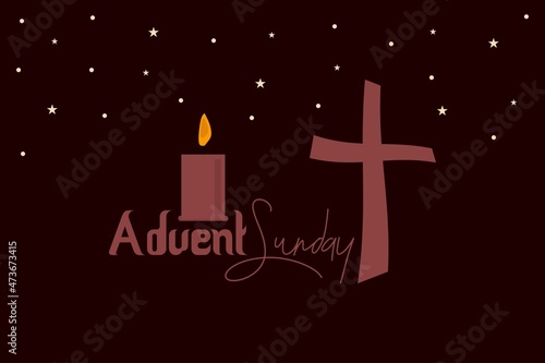 Advent Sunday conceptual vector illustration.  Holy spiritual day celebration. Night conceptual spiritual design. Candle with the cross symbol. Stars on dark background.  